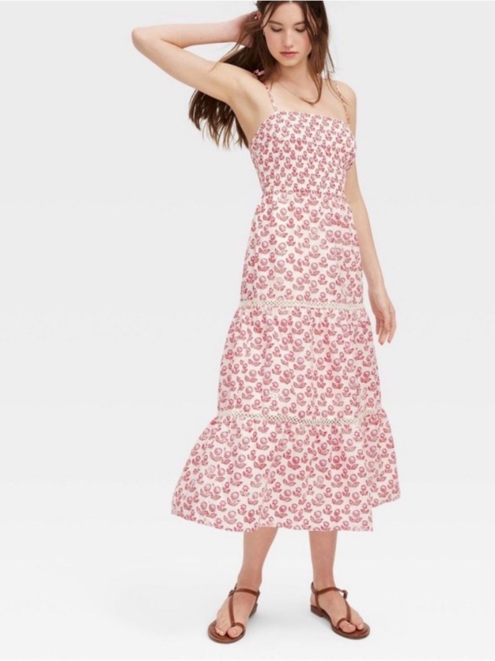 NWT Roller Rabbit Pink Floral Tiered Maxi Dress with Spaghetti Straps